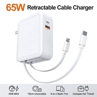 Cargador de Pared Retráctil para Portátil HNT de 65W con Cable USB de 2.6 Pies, IOS+ y Cable Dual Tipo C, 4 en 1, Carga Rápida Portátil para iPhone