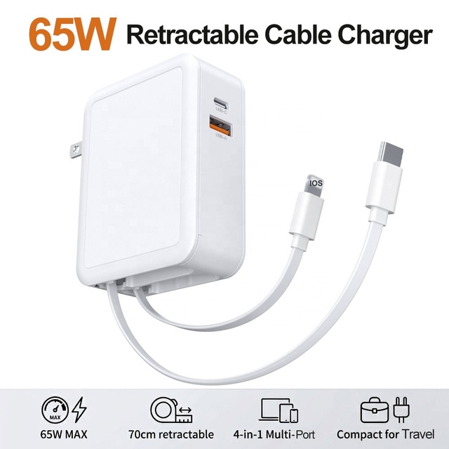 HNT 65W Retractable Laptop Charger Wall Charger USB with 2.6FT IOS+ Dual Type C Cable 4-in-1 Portable Fast Charging for iPhone