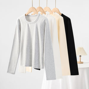 Atacado Personalizado Design Simples Inverno Primavera Manga Longa Colheita de Algodão Top Plain Blank Quente Velo Manga Longa T-shirts para As Mulheres - Product Image 3