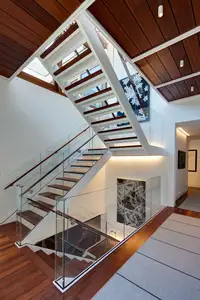 CBMmart Indoor Straight Wood Tread Glass Railing Modern Floating Staircase Ono Stringer Staircase Single Stringer Staircase