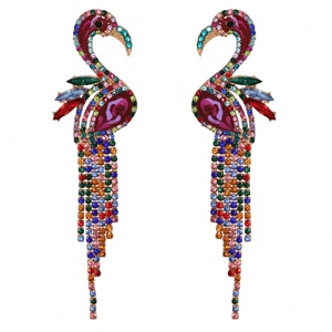 Boucles d'oreilles flamant rose de style européen et américain, inspirées de la mode coréenne, avec pampilles simples et polyvalentes, plaquées or, ornées de cristaux et de strass - Product Image 1