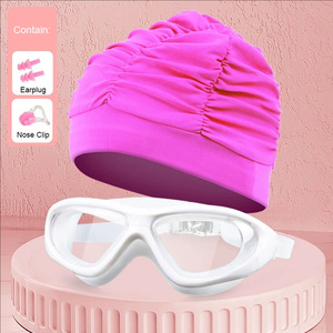 Bonnet <span class=keywords><strong>de</strong></span> bain plissé Extra Large pour femmes 4 pièces ensemble confortable PU comprend des lunettes <span class=keywords><strong>bouchon</strong></span> d'oreille pince-<span class=keywords><strong>nez</strong></span> pour cheveux longs pour la <span class=keywords><strong>natation</strong></span> - Product Image 2