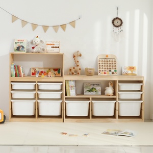ตู้เสื้อผ้าเด็กชั้นวางไม้แข็งสำหรับห้องนอนตู้เก็บของเล่นพร้อมถังเก็บของพลาสติก - Product Image 4