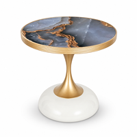 Table d'appoint ronde en MDF imprimé, directement de l'usine, avec piétement en fer doré et base sculpturale blanche pour salon, hôtel, OEM, ODM
