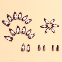 Faux ongles Halloween à presser, style vampire sombre, longs, en amande, amovibles, motif fantôme sanglant bordeaux