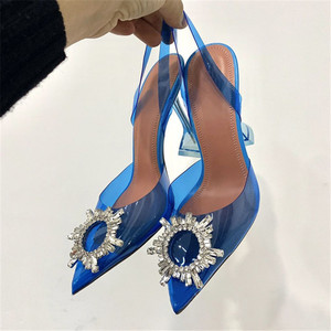 Escarpins à talon aiguille en microfibre cristal français pour femme, ornés de strass, avec boucle <span class=keywords><strong>soleil</strong></span>, bout pointu, à bride arrière, talon de 9 cm, semelle en caoutchouc, pour mariage et printemps - Product Image 2