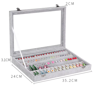 Gray Velvet Jewelry Display Case With Clear Lid, Lockable Multi-Compartment Jewelry Organizer For Rings, <b>Earrings</b> And Bracelets - Product Image 5