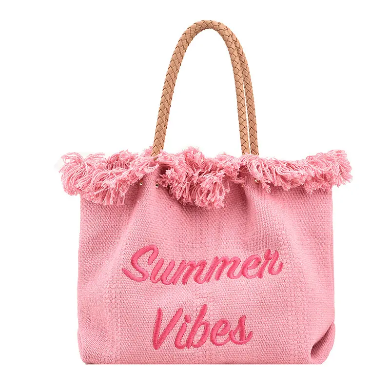 Borsa di tela per lo Shopping Casual personalizzata di moda borsa da spiaggia riciclata borsa da spiaggia ricamata in tela con lettere da donna