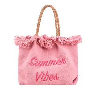 Sacola de compras casual personalizada de grande capacidade, sacola de praia reciclada para mulheres, sacola de papel bordada em tela com letras