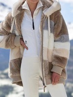 Manteau ample à capuche avec poche zippée en patchwork chaud et doux pour femmes, automne/hiver