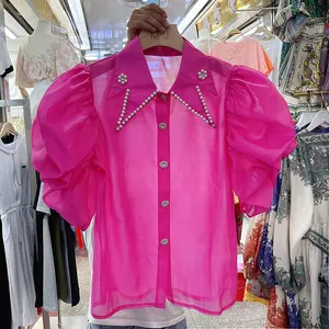 Women's Chiffon Shirt Beads Rhinestones Puff Sleeve Elegant Blouse Summer Retro Style Short Sleeve Top Woman