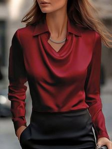 Chemisier élégant pour femme en satin vintage drapé, anti-plis, coupe ajustée, uni, à manches longues, décontracté, avec fente, Printemps 100% - Product Image 2