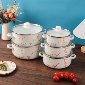 Juego de utensilios de cocina de cinco piezas de esmalte y laca engrosados - Olla para guisos con tapa de vidrio de <span class=keywords><strong>doble</strong></span> <span class=keywords><strong>bisagra</strong></span> y patrón de mármol, y tazón para sopa con tapa - Product Image 2