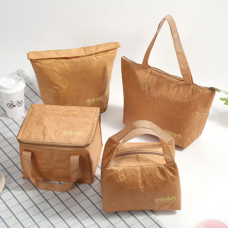 Buona qualità eco-friendly Retro carta Kraft borsa con cerniera in alluminio pellicola per Picnic all'aperto isolamento freddo Tyvek Cooler borsa pranzo