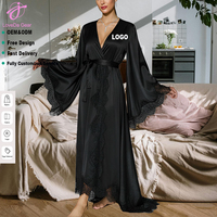 Loveda - Camisón de Satén con Encaje para Mujer, Sexy, Transpirable, Cómodo, con Mangas de Campana y Lazo, para Verano