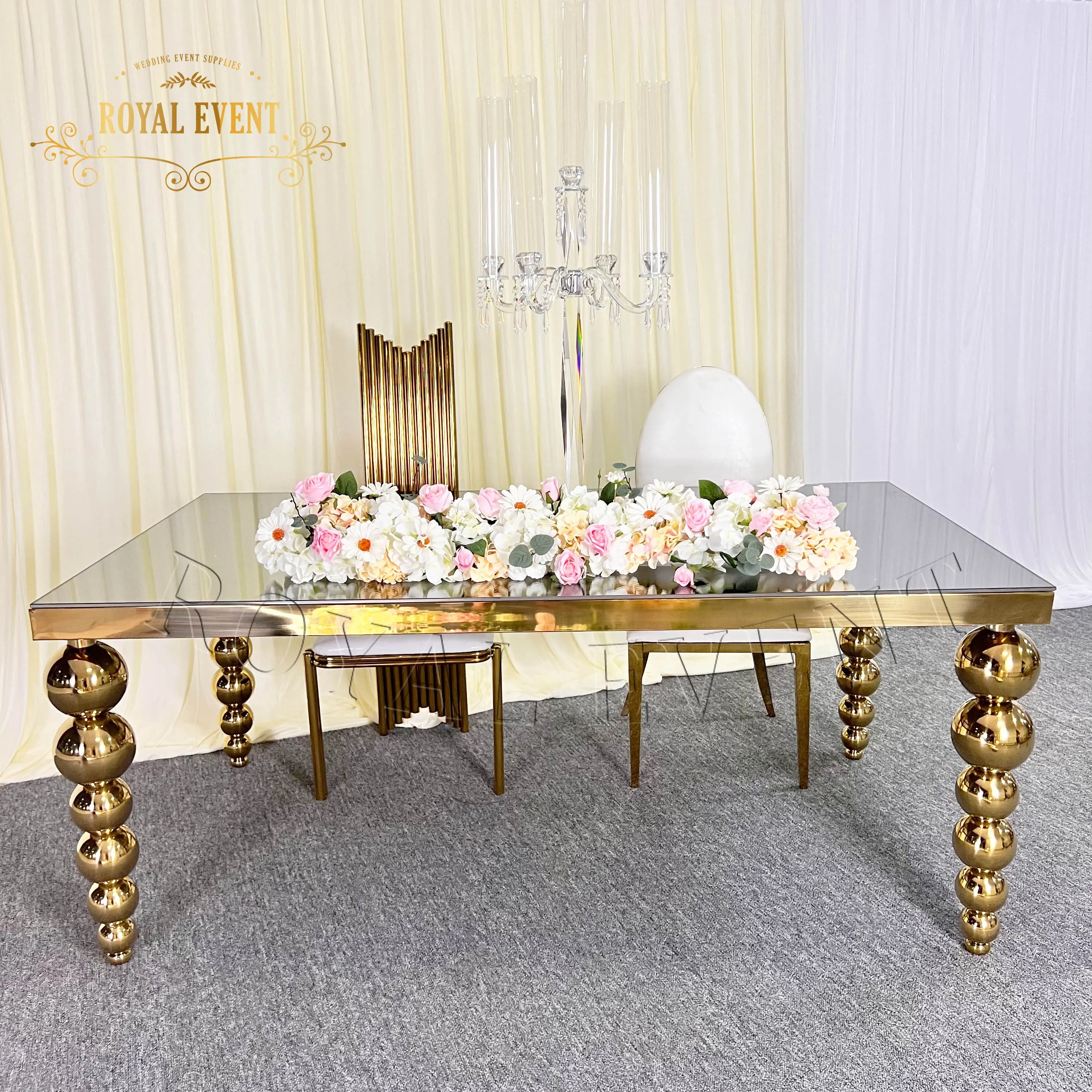 Chaises et tables de mariage en verre d'acier inoxydable de table de restaurant de salle à manger d'or de luxe pour des événements