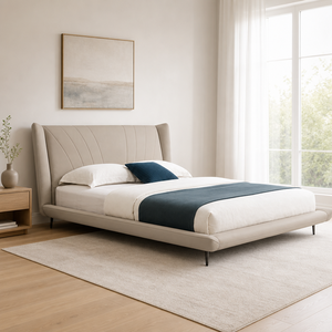 Cama contemporánea tapizada con cabecero capitoné y alas, plataforma de tela acolchada, patas de metal, tamaño King, para dormitorio de villa - Product Image 2
