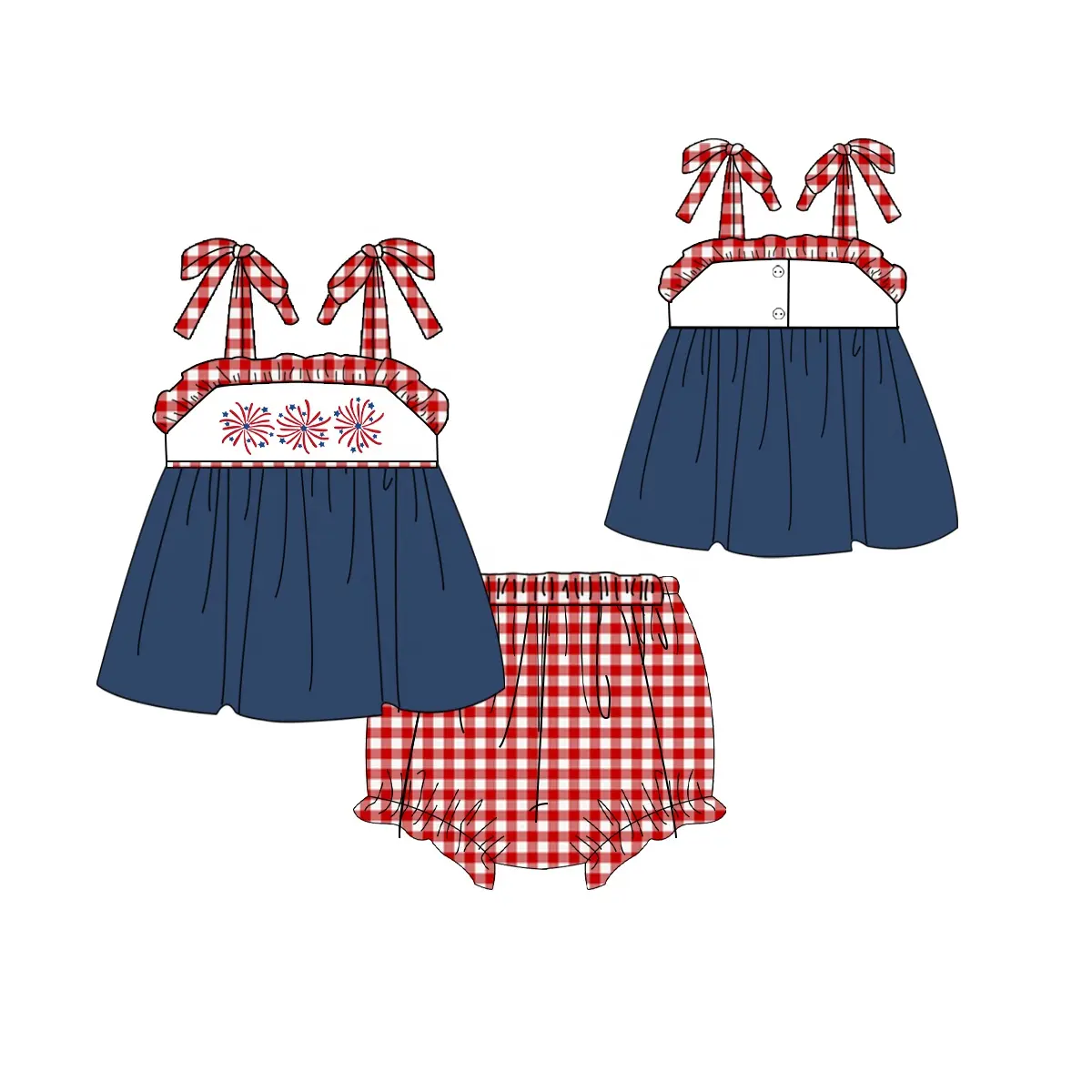 Puresun custom 4th of july kids clothes summer spring Independence Day baby boy clothing with firework embroidery