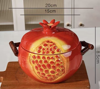 Grand bol à soupe en céramique sous glaçure peint à la main, design moderne et minimaliste, style chinois, pot à soupe créatif à double poignée motif grenade, mignon