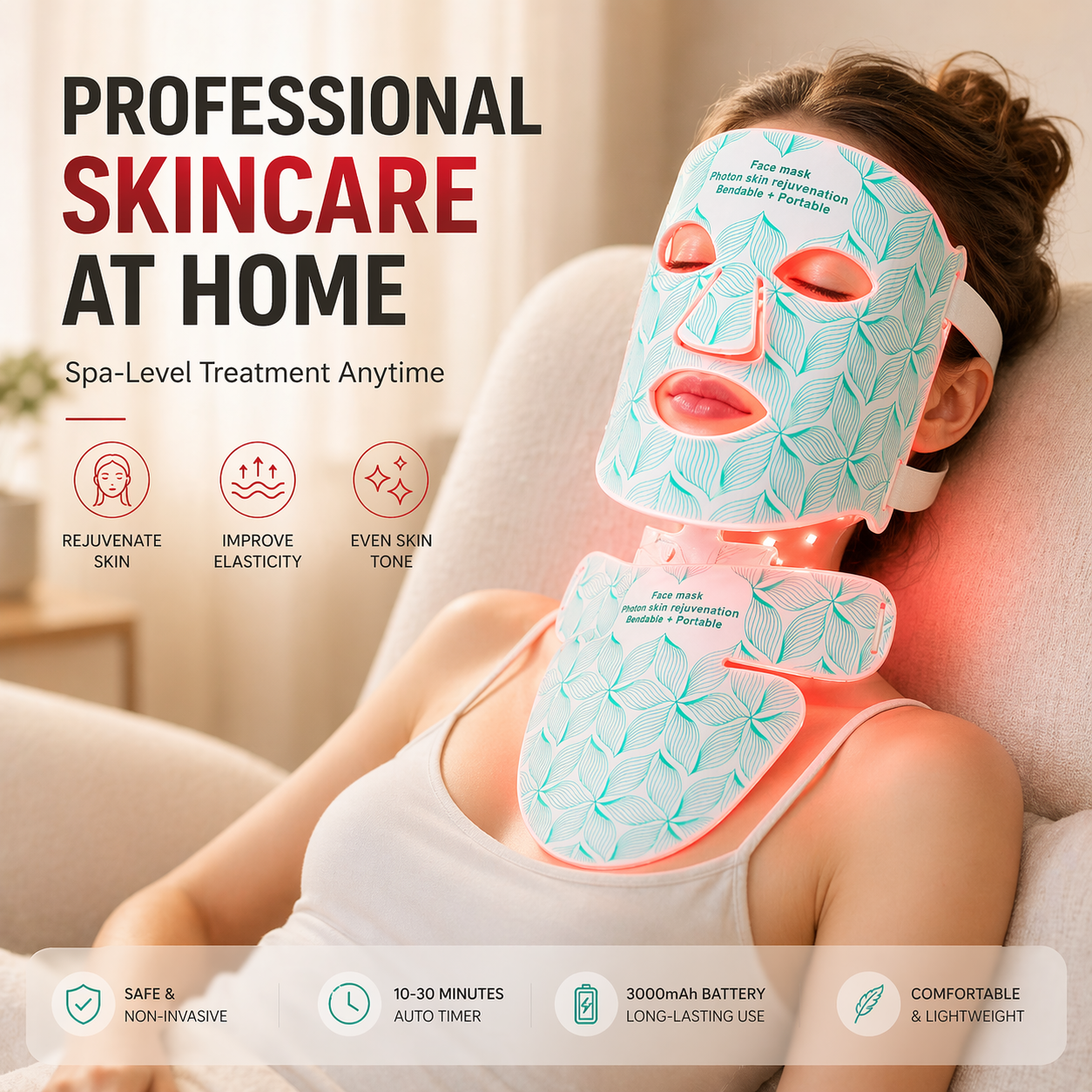 Sunsred 7 Color Led Light Therapy Mask 4 in 1 Medical Grade Silicone Led Mask Infrared Face Mask with Neck Pad