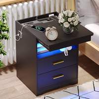 Table de chevet moderne et contemporaine avec 2 tiroirs, port de charge USB Type-C, lumière LED à capteur humain, bois de pin, chambre à coucher, maison