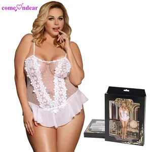 Luxury Package Box Custom Floral Ruffles See Through Plus Size Lingerie Sexy Women Babydoll With Panties