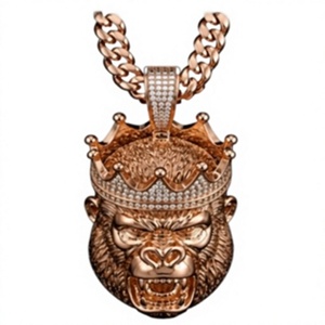 Orelia Iuxe <b>Gold</b> Plated 925 Sterling Silver <b>Monkey</b> Crown Moissanite Pendant Iced Out Hip Hop Charm for Men - Product Image 1