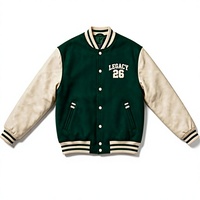 Blouson universitaire vert pour homme, blocs de couleur sur les manches, fermeture éclair, col rabattable, logo brodé, coupe-vent, style sportif
