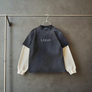 Maglietta personalizzata Vintage a maniche lunghe in cotone francese di spugna oversize da uomo Waffle con maniche a doppio strato - Product Image 1