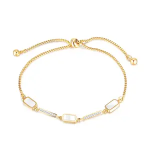 Adjustable White Shell with Crystal CZ Bracelet Gold Plated Dainty Stainless Steel Bracelets Jewelry for Women