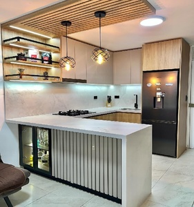 Ensembles de cuisines modulaires modernes sur mesure, finition brillante, avec panneaux mélaminés et bois, pour villa, centre commercial, appartement - Product Image 3