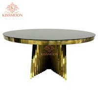 Table de mariage moderne de luxe en verre avec structure en acier inoxydable doré, mobilier d'hôtel écologique, tables rondes pour événements et mariages
