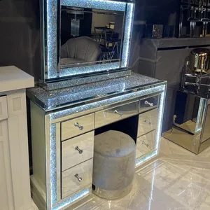 럭셔리 크러쉬 다이아몬드 침실 led 가벼운 가구 거울 드레싱 테이블 7 서랍
