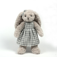 Peluche Lapin Bouclé Beige-Gris Rose avec Oreilles Mobiles, en Polyester et Coton PP, Portant une Jupe à Carreaux, Poupée Apaisante pour Anniversaire d'Enfant