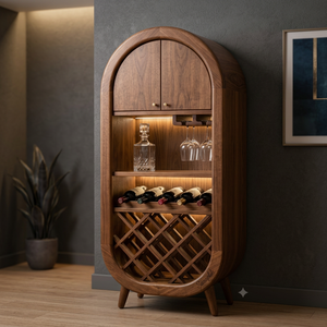Modern Solid Mango Wood <b>Wine</b> <b>Cabinet</b> with Glass Rack Arched Design Bottle <b>Storage</b> for Home Bar Display - Product Image 2