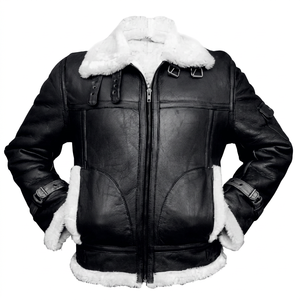 Blouson aviateur noir pour homme avec col en peau de mouton blanc, fermeture éclair, chaud, épais, style shearling - Product Image 1