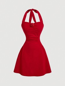 Otoño nuevo vestido informal femenino con lazo rojo Halter cintura plisada y Falda corta delgada tendencia Spice Girl - Product Image 6