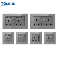 XIMLON Kaca Tempered Abu-abu Standar Inggris 13A 86 Tipe Soket Dinding USB Pengisian Cepat Tipe-C 250V Maks Saklar UK 1 Port 3/6/10