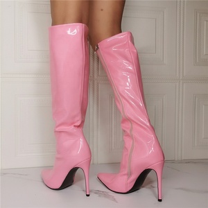 Pointy Toe Cute Women Boots Calf High Patent Leather High-heeled <b>Shoes</b> Long Knee Wide Leg Feet Size 14 - Product Image 4
