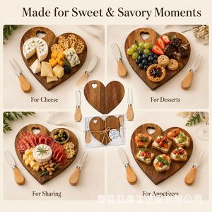 Planche à fromage en bois d'acacia en forme de cœur avec ensemble couteau et fourchette pour servir fruits, pain et gâteaux - Product Image 3