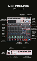 Console de mixage professionnelle 14 canaux GBA-14 avec 99 DSP, alimentation fantôme 48V, effet répétition, lecture et enregistrement USB, mixeur audio Bluetooth