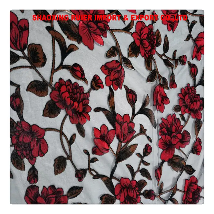 Tessuto di velluto di seta burnout fiore rosso e tessuto di velluto bruciato tessuto stampato in velluto per abiti