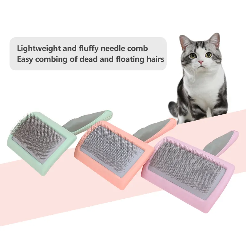 Amostra grátis Sem danos à pele Tangles Slicker Pet Dog Hair Removal Brush Cat Comb Grooming E Care Cat Com Pinos Longos Macios