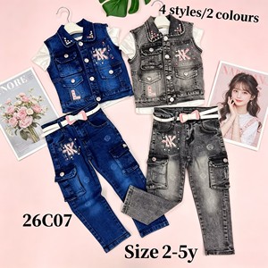 Set <span class=keywords><strong>di</strong></span> 3 Pezzi in Denim per Bambine YQ356 da 11,5 Dollari: Gilet Senza Maniche, T-Shirt a Maniche Corte, Jeans Skinny con Strass - Product Image 5