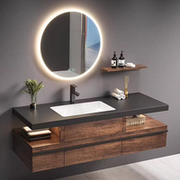 Meuble-lavabo de salle de bain avec lavabo simple/double, lavabo mural en pierre, style moderne et minimaliste avec miroir LED anti-buée