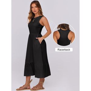 FOXA Women Midi Dress High Neck Sleeveless Knitted A-Line Casual Beach Dress With Pockets Breathable Summer Wear - Product Image 6