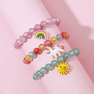 Zoete Meisjes Armbanden Sieraden Kroon Hanger Eenhoorn Handgemaakte Acryl Elastische Vriendschap Kids Armbanden