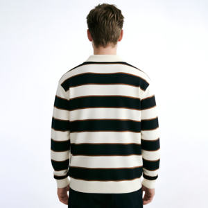 Pull en tricot pour homme avec logo personnalisé, fabricant de vêtements de mode, pull en tricot à col polo rayé noir et blanc, manches longues, hiver - Product Image 2