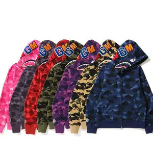 Top quality Banho macaco camo tubarão zip up hoodies 100% algodão Camisola homens mulheres unisex streetwear zip completo bapees hoodie