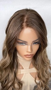 Perruque Remy en cheveux européens, entièrement en dentelle frontale, pour femmes, nouée à la main, dentelle transparente, blond chaud avec mèches brunes, style juif - Product Image 3